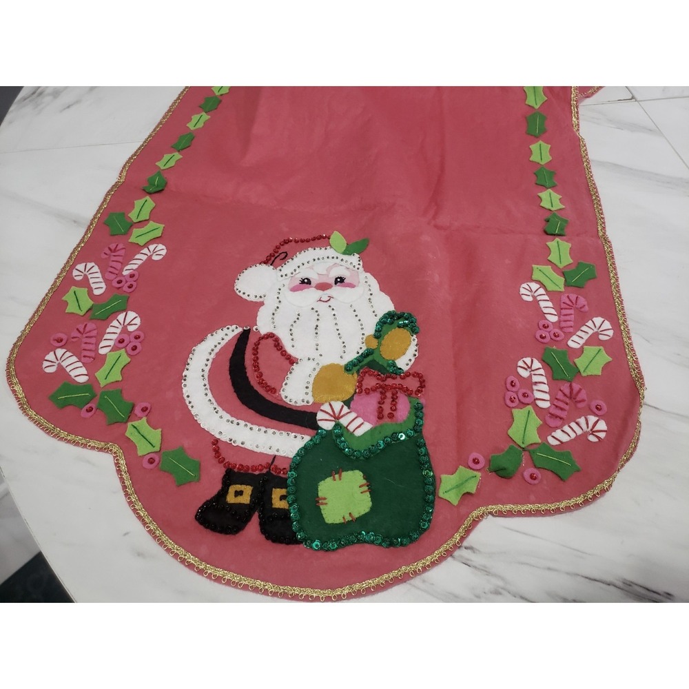 PINK Vintage MCM Christmas Table Runner Santa Felt Sequins Beaded kitschy mod